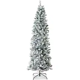 Best Choice Products - 12ft Snow Flocked Artificial Pencil Christmas Tree Holiday Decoration w/ Metal Stand - Green