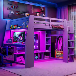 Aukfa - Wood Full Size Gaming Loft Bed with Desk, Multi-storage Shelves, LED and a Hanging Clothes Rack - Gray