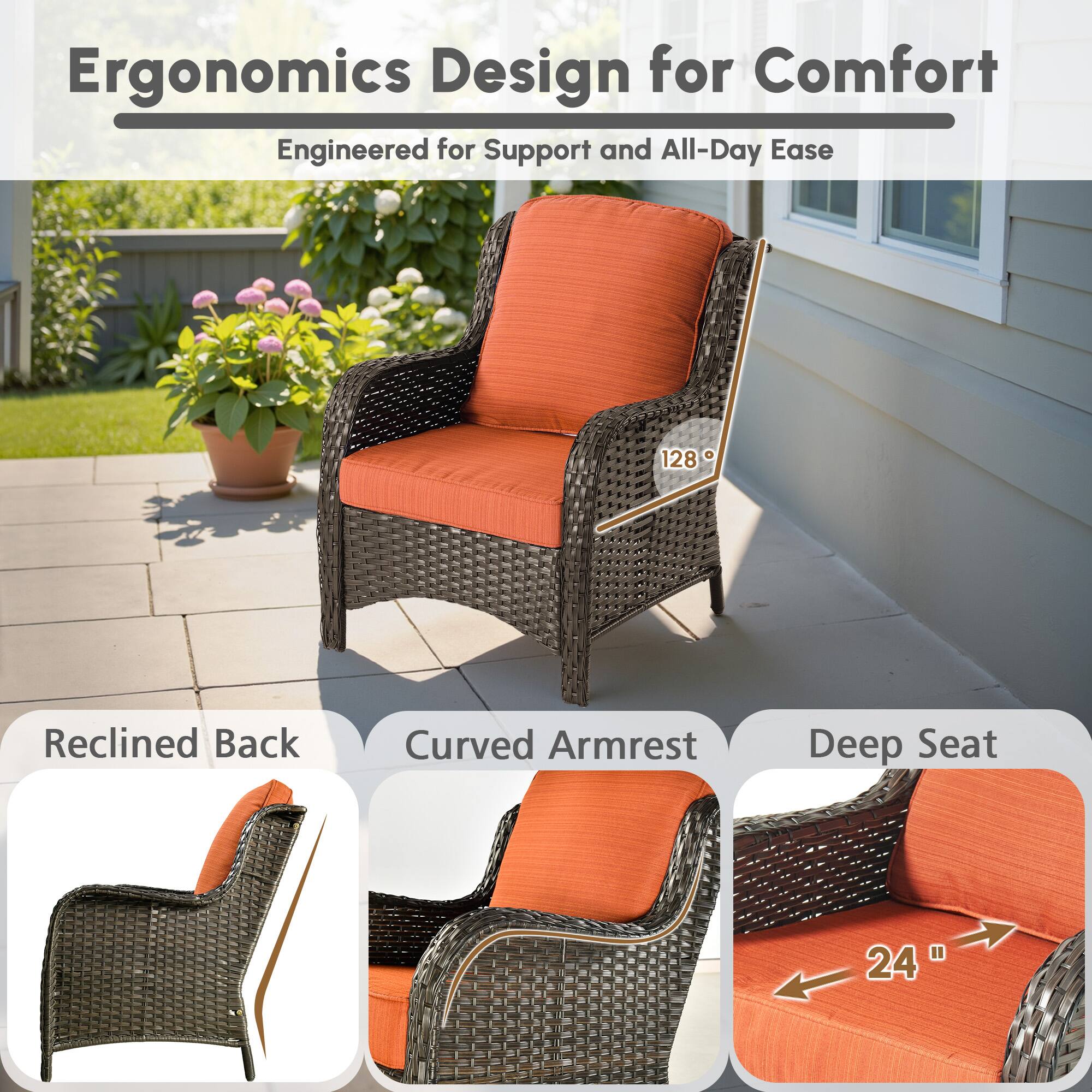 Ergonomics Design for Comfort  
Engineered for Support and All-Day Ease  

Reclined Back  
Curved Armrest  
Deep Seat  

128°  
24"