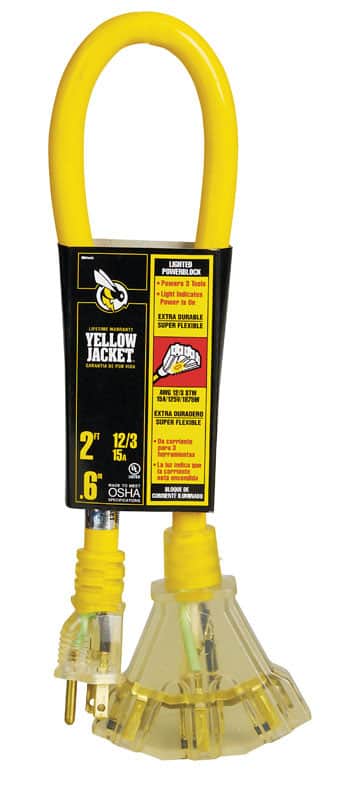 YELLOW JACKET - Outdoor 2 ft. L Triple Outlet Cord 12/3 SJTW - Yellow