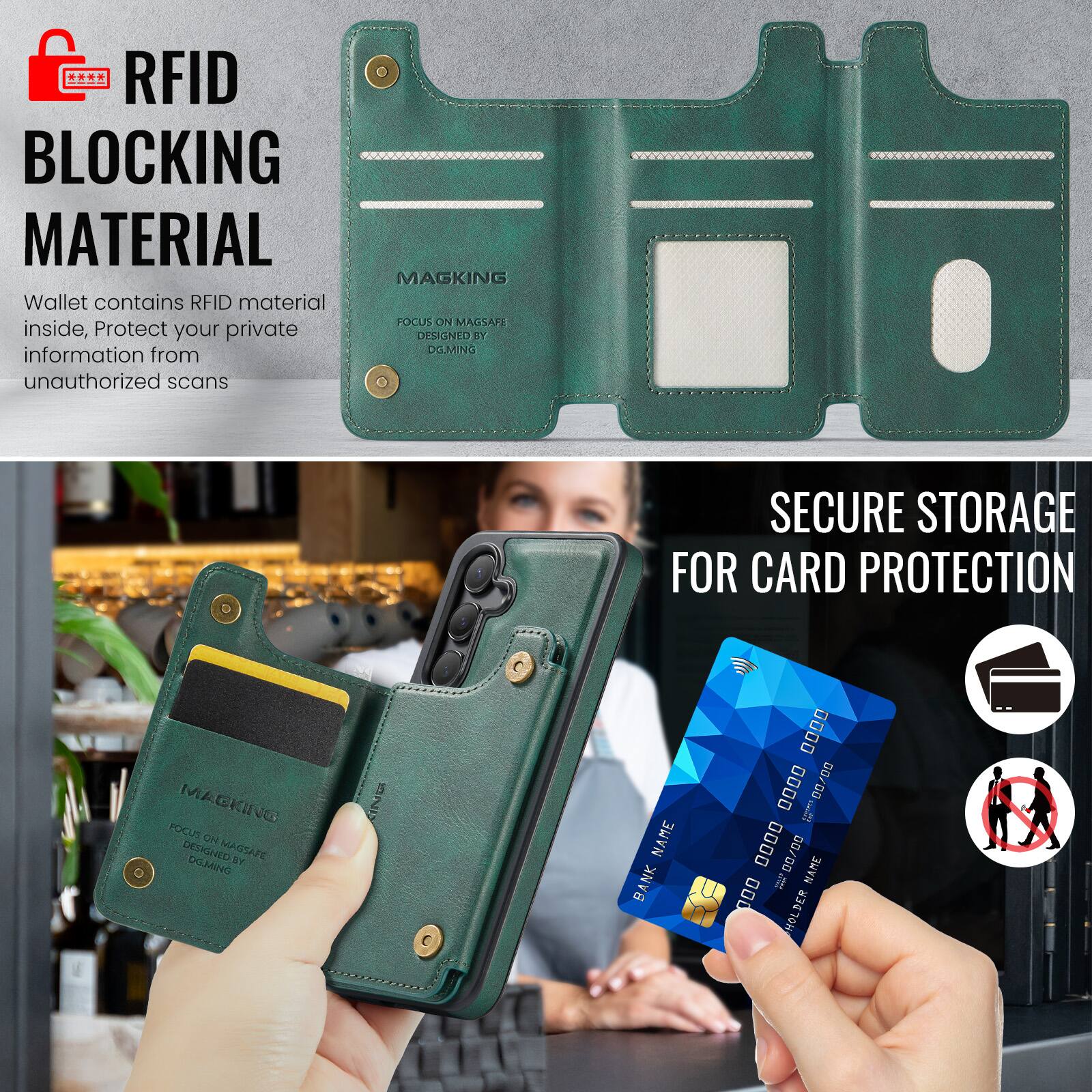 RFID BLOCKING MATERIAL

Wallet contains RFID material inside, Protect your private information from unauthorized scans

MAGKING FOCUS NO MAGSAFE DESIGNED

117 DO.MING SECURE STORAGE FOR CARD PROTECTION

MAGKING FOCUS CN DESIGHED

MAGSAFE ST

BANK NAME

0000 0000 0000 0000

NAME

HOLDER