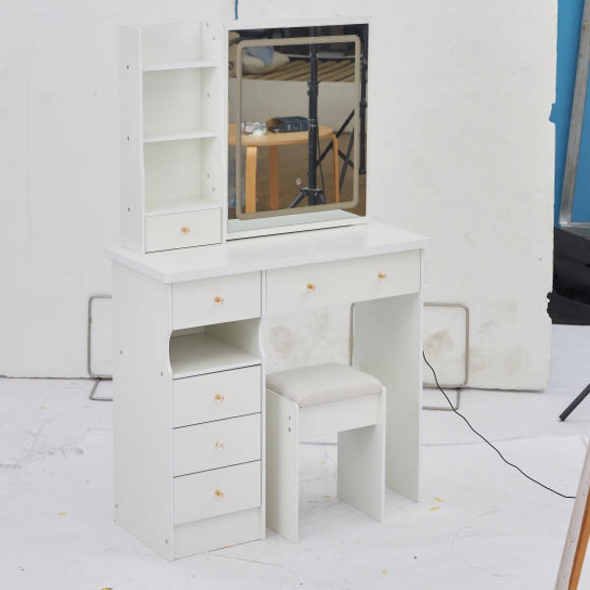 Alt View 2. Loheer - Loheer 37 Inch Makeup Vanity Table with Left Drawer, Sliding LED Mirror and Cushioned Stool - White.