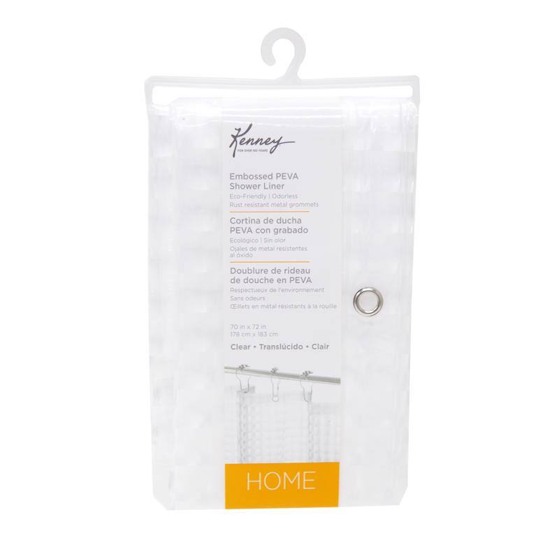 Kenney Embossed PEVA Shower Liner Eco-Friendly - Odorless Rust resistant metal grommets Cortina de ducha PEVA con grabado Ecológico Sin olores Ojales de metal resistentes al óxido Doublure de rideau de douche en PEVA Respectueux de l'environnement Sans odeurs Chilets en metal resistentes a la rouille 70 in x 72 in 178 cm x 183 cm 8.3 cm Clear Translucido Clair HOME