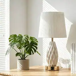 GVDV - Home 18in Table Lamp with USB A&C Ports, Touch Control 3 Way Dimmable,Wave Texture Resin Bedside Lamp,for Bedroom White