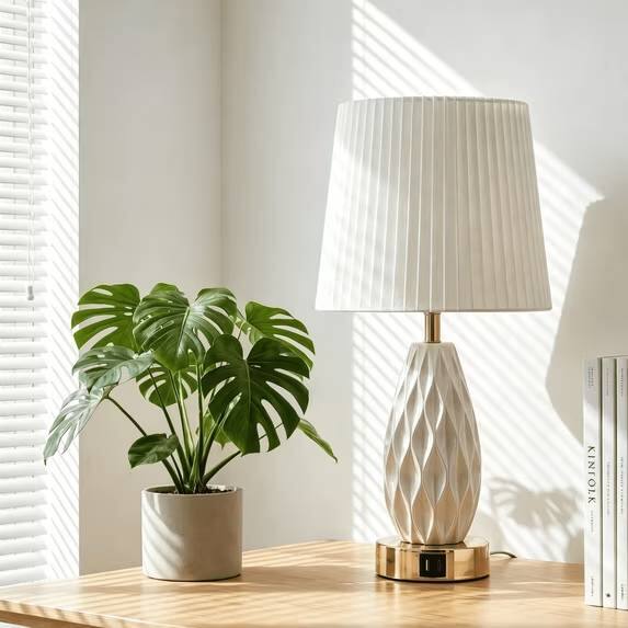 Front. GVDV - Home 18in Table Lamp with USB A&C Ports, Touch Control 3 Way Dimmable,Wave Texture Resin Bedside Lamp,for Bedroom White.