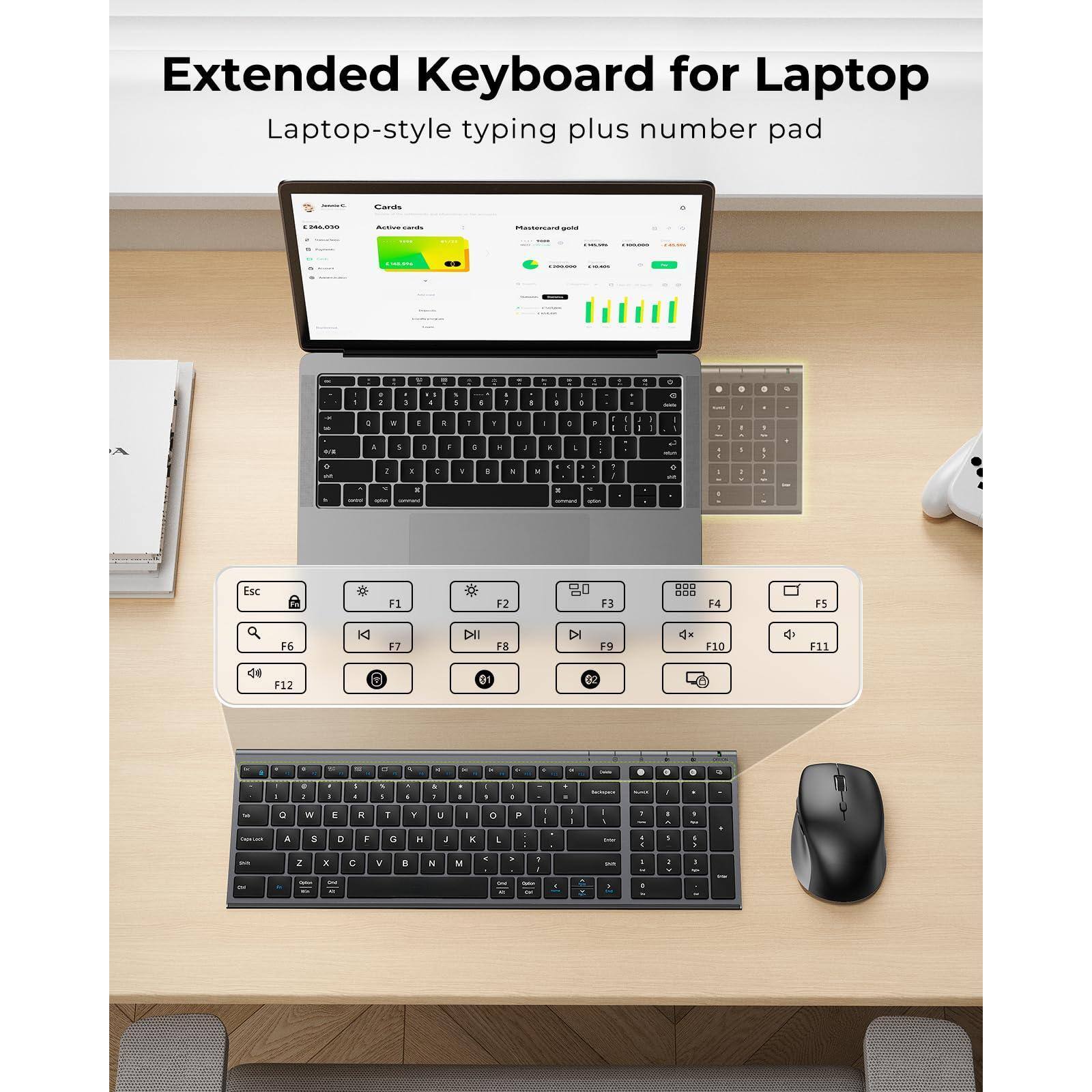 Extended Keyboard for Laptop  
Laptop-style typing plus number pad