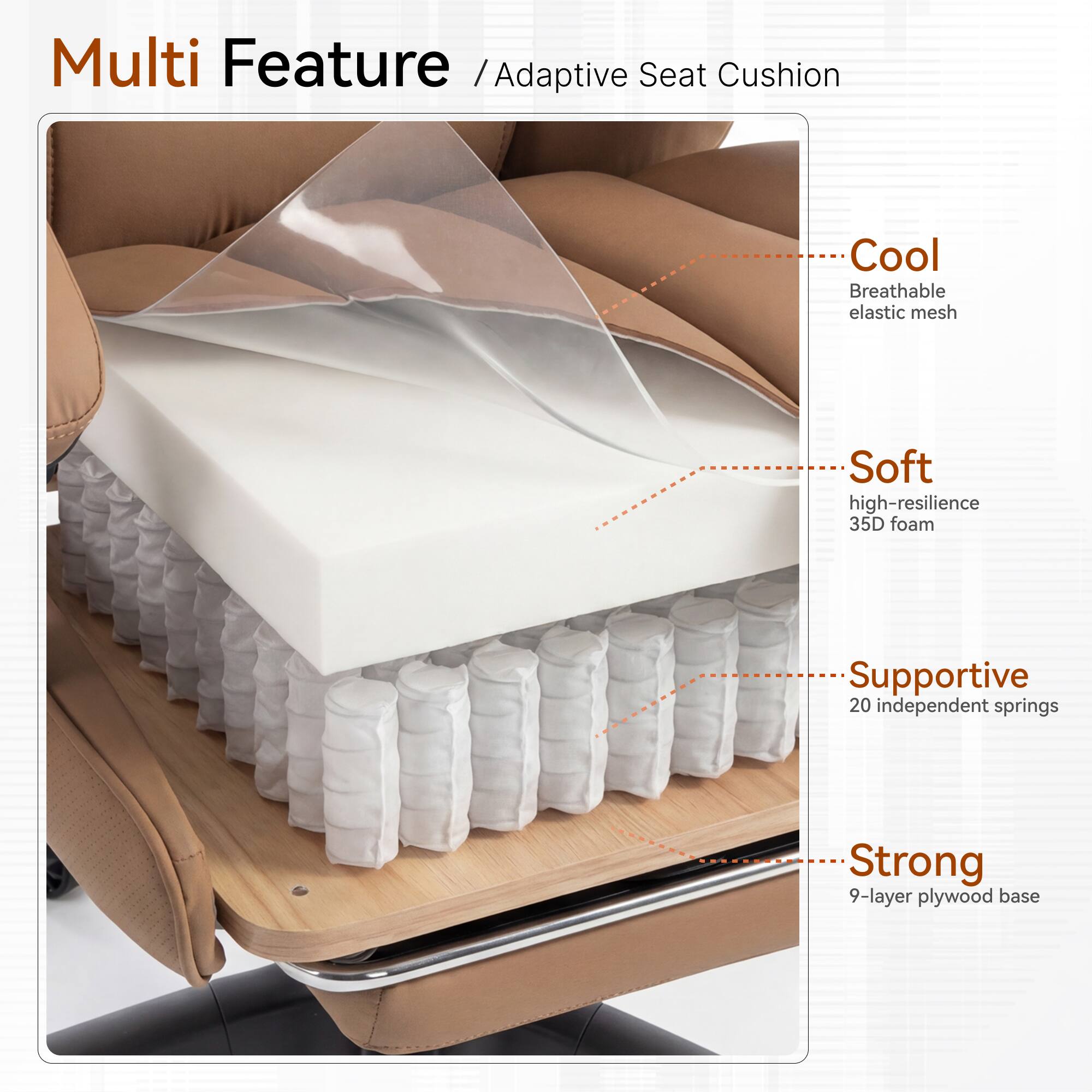 Multi Feature / Adaptive Seat Cushion

Cool
Breathable elastic mesh

Soft
High-resilience 35D foam

Supportive
20 independent springs

Strong
9-layer plywood base