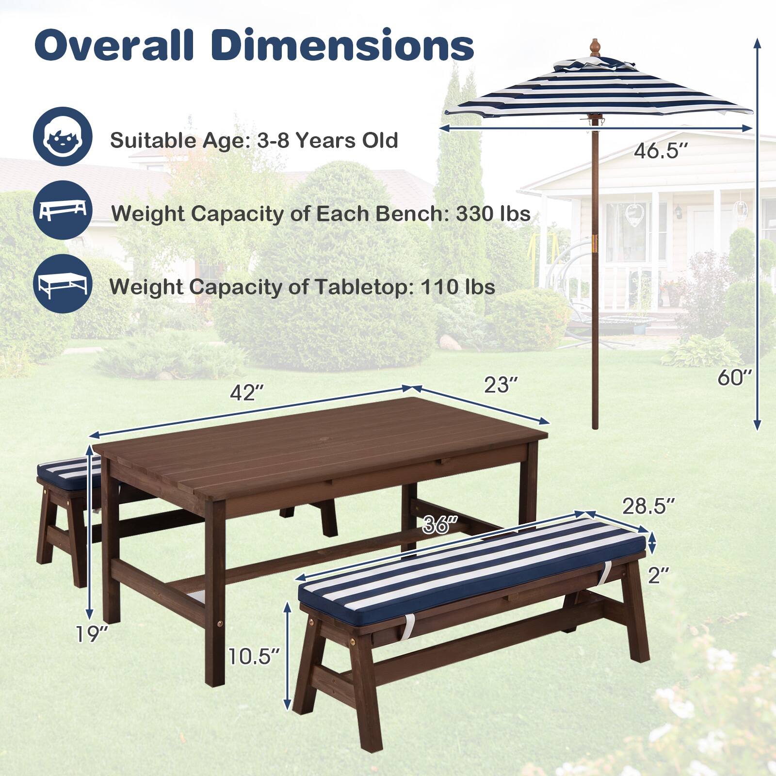 Overall Dimensions  
Suitable Age: 3-8 Years Old  
Weight Capacity of Each Bench: 330 lbs  
Weight Capacity of Tabletop: 110 lbs  

46.5"  
42" x 23"  
60"  
19" x 10.5"  
36" x 28.5" x 2"
