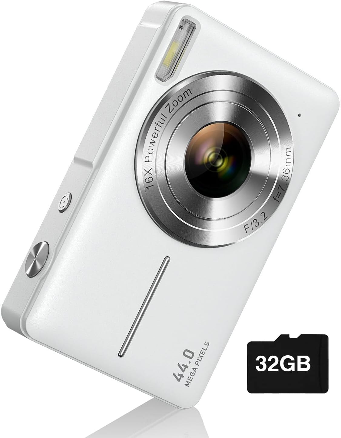 PRIMEPLUS - Digital Camera, FHD 1080P Digital Point and Shoot Camera with 16X Zoom Anti Shake, 32GB Card, Compact Small Camera - White