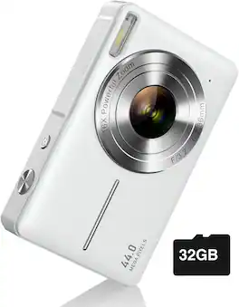 PRIMEPLUS - Digital Camera, FHD 1080P Digital Point and Shoot Camera with 16X Zoom Anti Shake, 32GB Card, Compact Small Camera - White