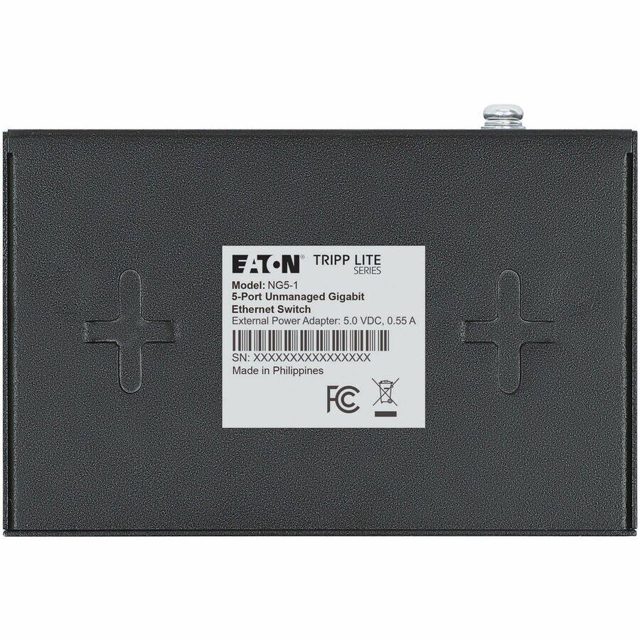 EATON TRIPP LITE SERIES  
Model: NG5-1  
5-Port Unmanaged Gigabit Ethernet Switch  
External Power Adapter: 5.0 VDC, 0.55 A  
SN: XXXXXXXXXXXXXX  
Made in Philippines  
FC