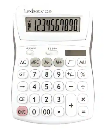 LEXIBOOK C210 GT 1234567890 UP 5/4 CUT F320A 2 O AC MRC M- M+ UM GT 7 8 9 +/= % 4 5 6 CE ON/C 1 0 2 00 3 . + x =