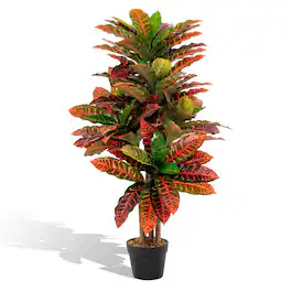 Costway - Artificial Croton Plant 40" Tall Faux Fiddle Leaf Fig Tree Fake Croton Palm Tree - Green,Red,Yellow,Black