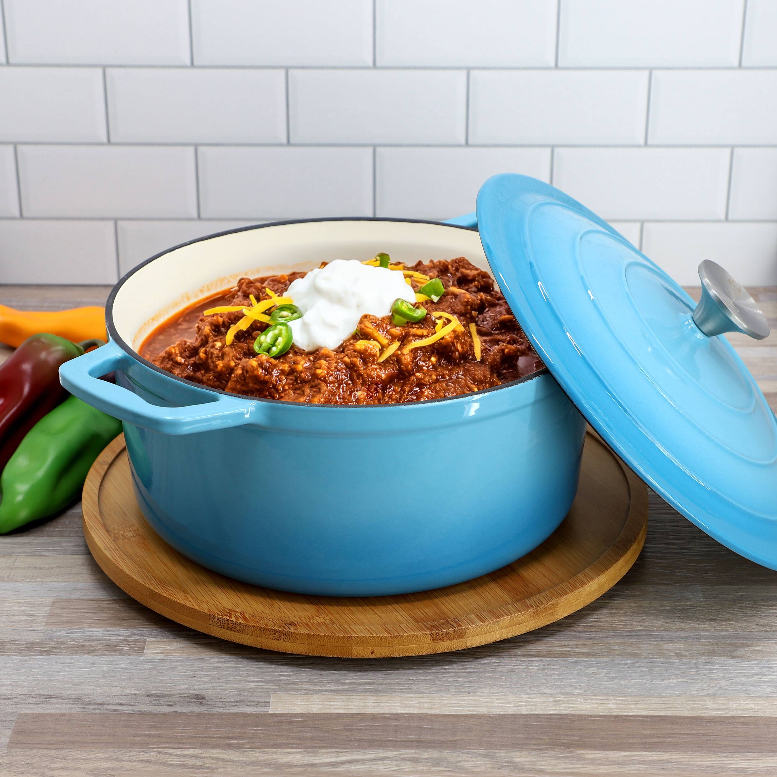 Alt View 8. MegaChef - MegaChef 5 Quarts Round Enameled Cast Iron Casserole with Lid in Blue - Blue.