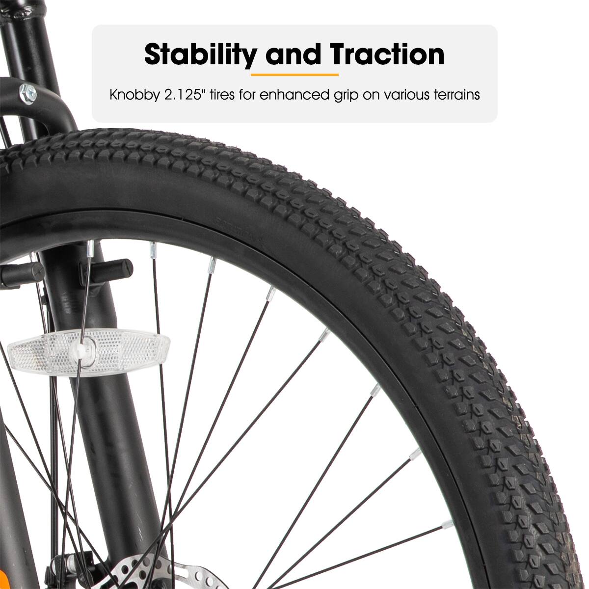 Stability and Traction: Knobby 2.125" tires for enhanced grip on various terrains