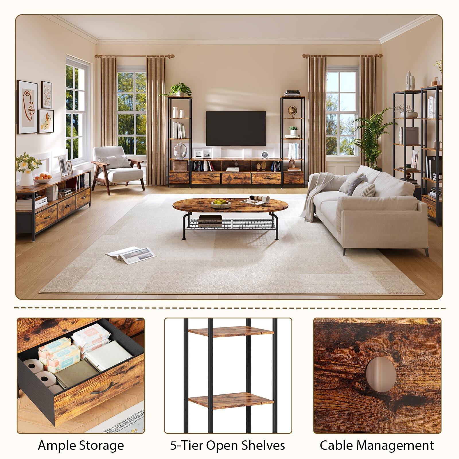 Ample Storage  
5-Tier Open Shelves  
Cable Management