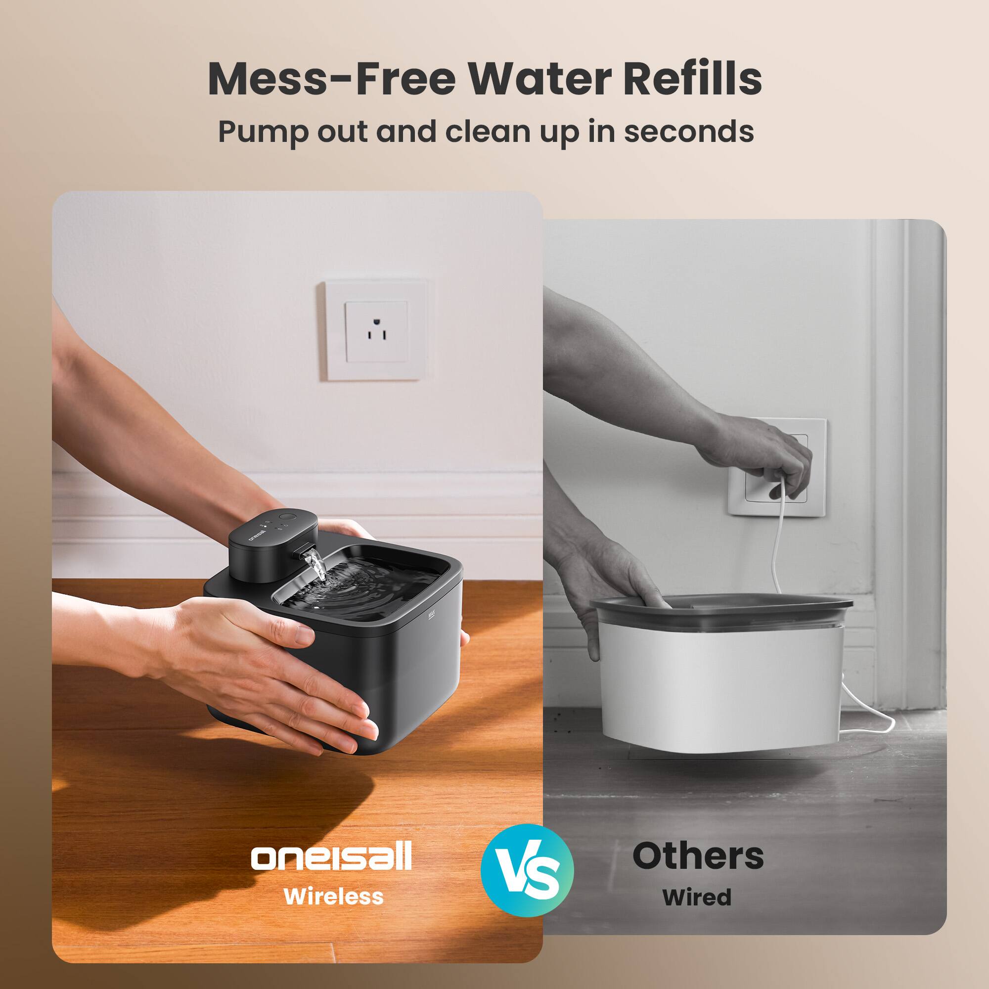 Mess-Free Water Refills  
Pump out and clean up in seconds  

oneisall Wireless VS Others Wired