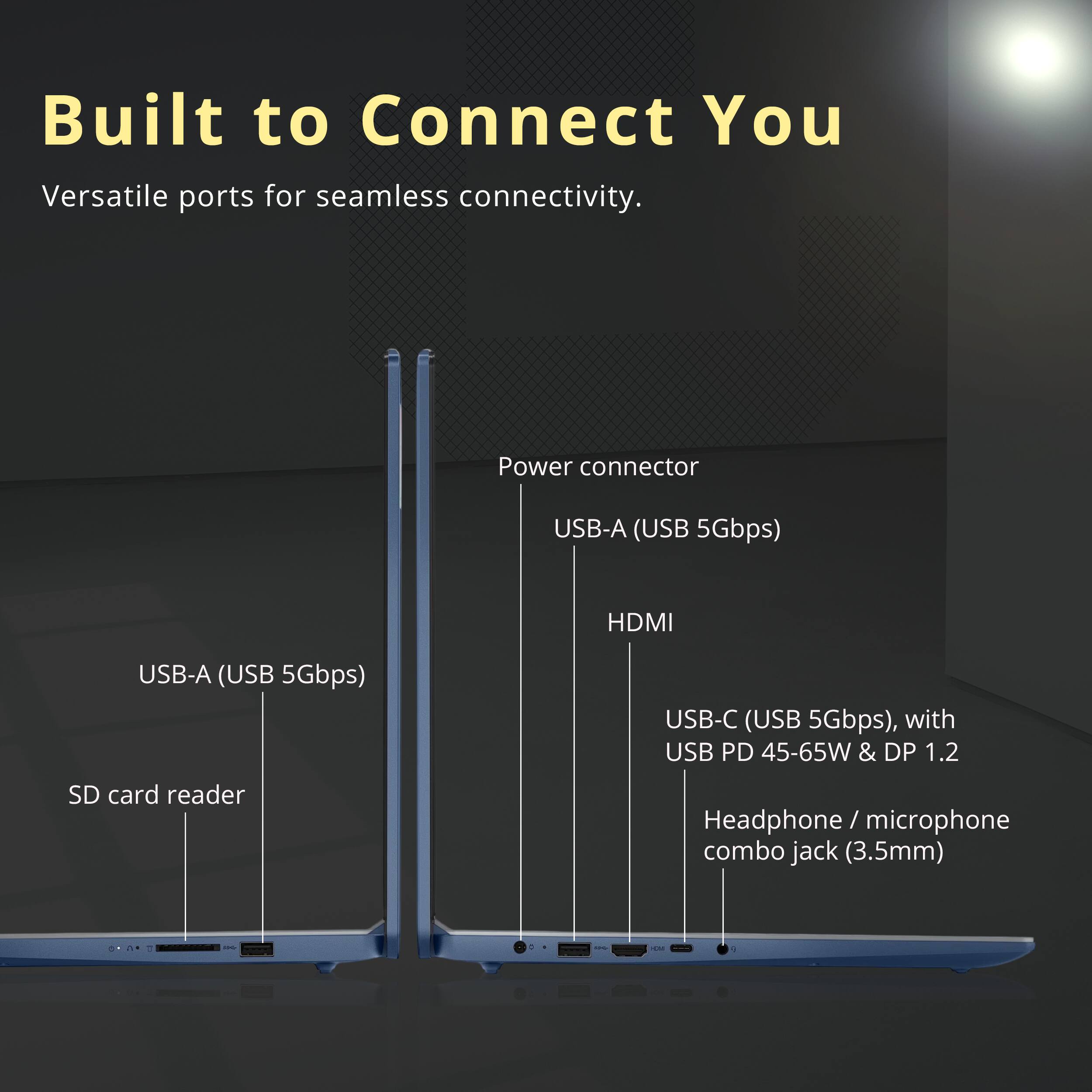 Built to Connect You  
Versatile ports for seamless connectivity.  
- Power connector  
- USB-A (USB 5Gbps)  
- HDMI  
- USB-A (USB 5Gbps)  
- USB-C (USB 5Gbps), with USB PD 45-65W & DP 1.2  
- SD card reader  
- Headphone / microphone combo jack (3.5mm)