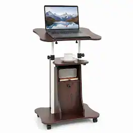 Costway - Mobile Podium Stand, Height Adjustable Laptop Cart with Tilting Top Storage Cabinet - Brown + White