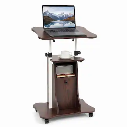 Front. Costway - Costway Mobile Podium Stand, Height Adjustable Laptop Cart with Tilting Top Storage Cabinet - Brown + Black.