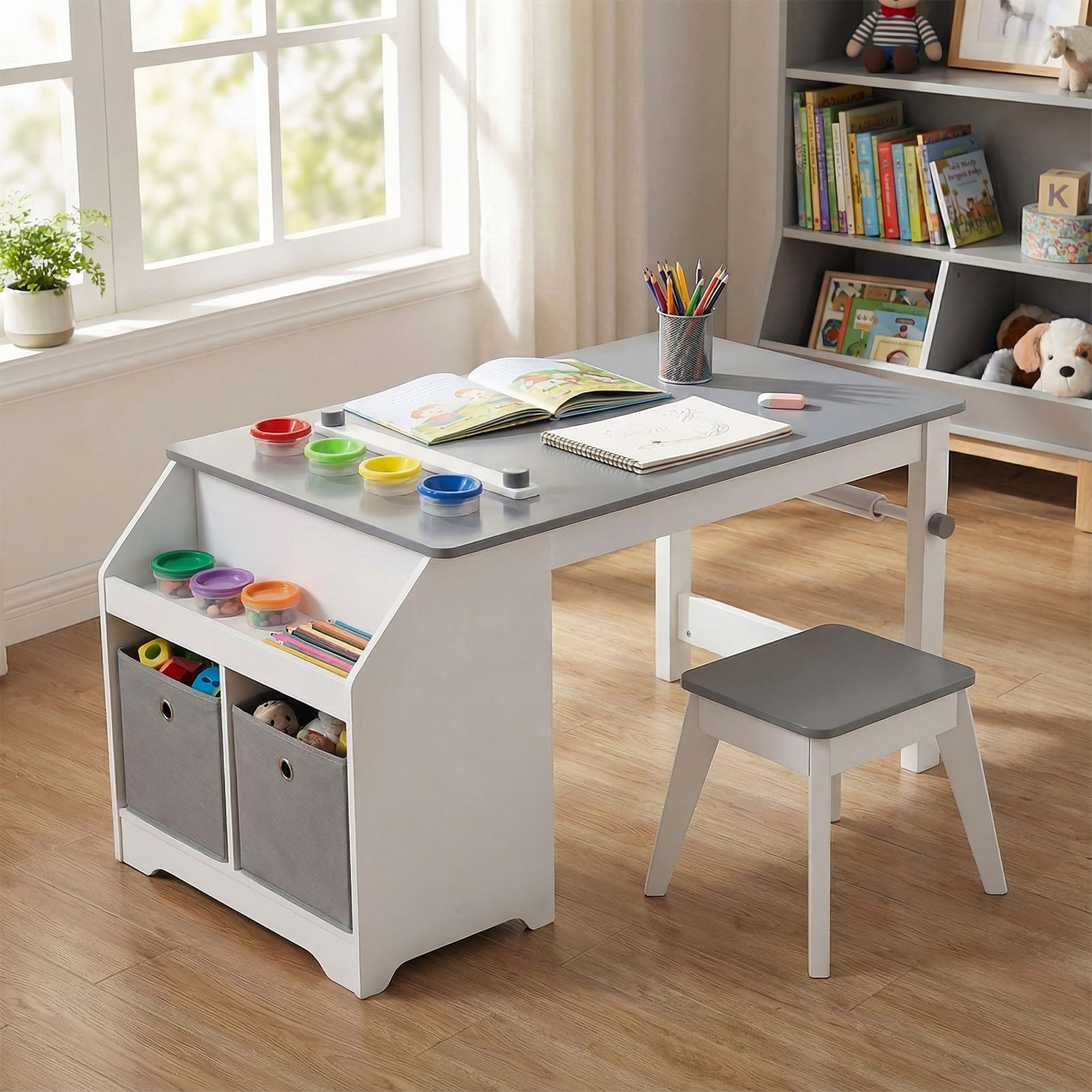 Gymax - Kids Art Table & Stool w/Paper Roll 2 Bins & Large Storage for Drawing Reading - Gray