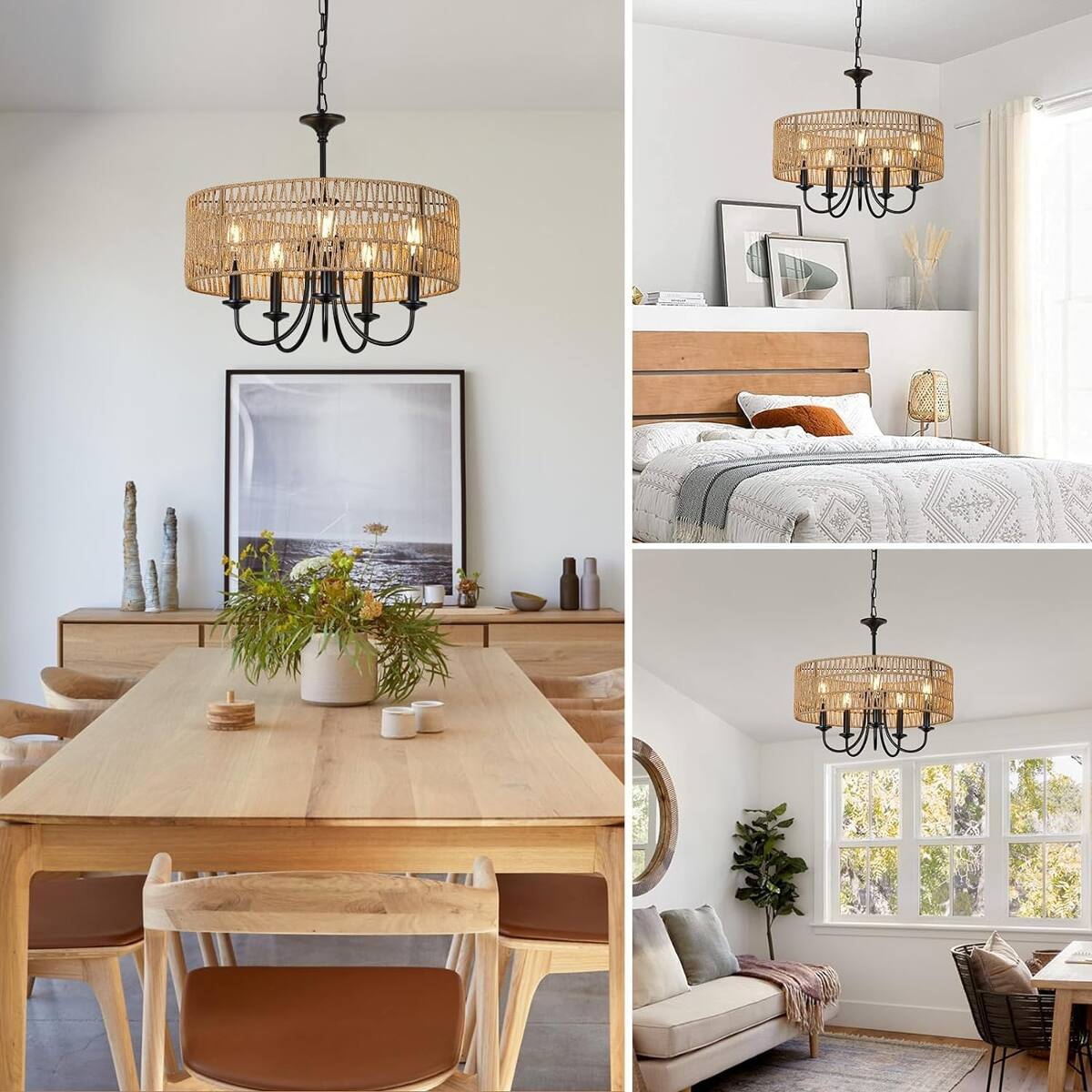 Loheer Modern Farmhouse Chandelier, Five Light Rattan Pendant with Hand ...