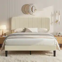 Vecelo - Upholstered Full Size Platform Bed Frame with Adjustable Headboard,Velvet Bed Frame No Box Spring Needed - Beige