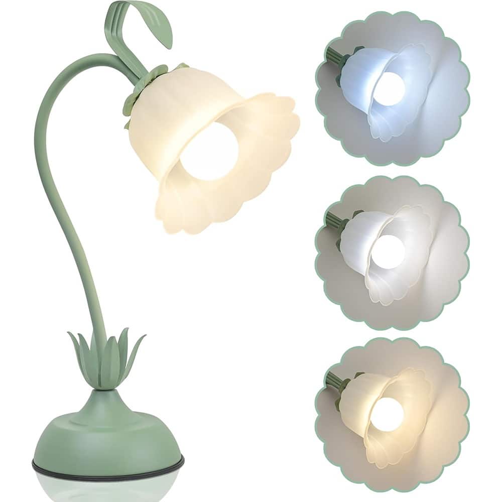 RTMB - Vintage Flower Table Lamp, 3-Color Gooseneck, Cute Desk & Bedside Lamp, Green