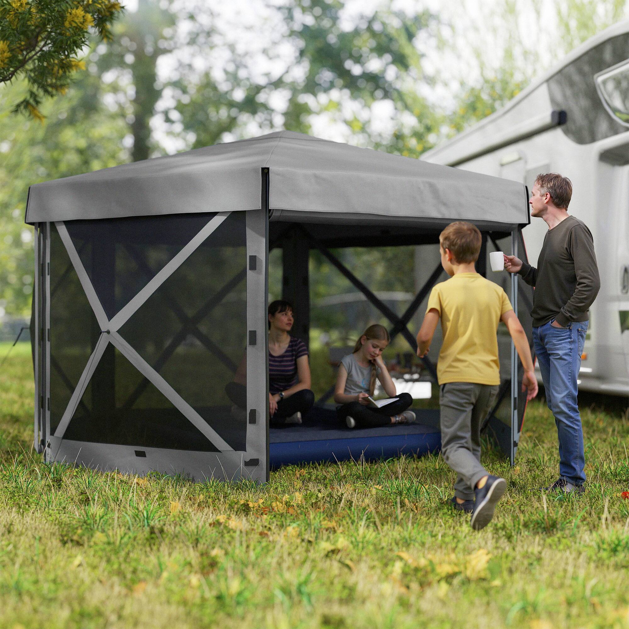 Angle. Outsunny - 12' x 12' Hexagonal Pop Up Gazebo Canopy Tent with 5 Sidewalls, Portable Outdoor Canopy Shelter with Curtains - Dark Gray.
