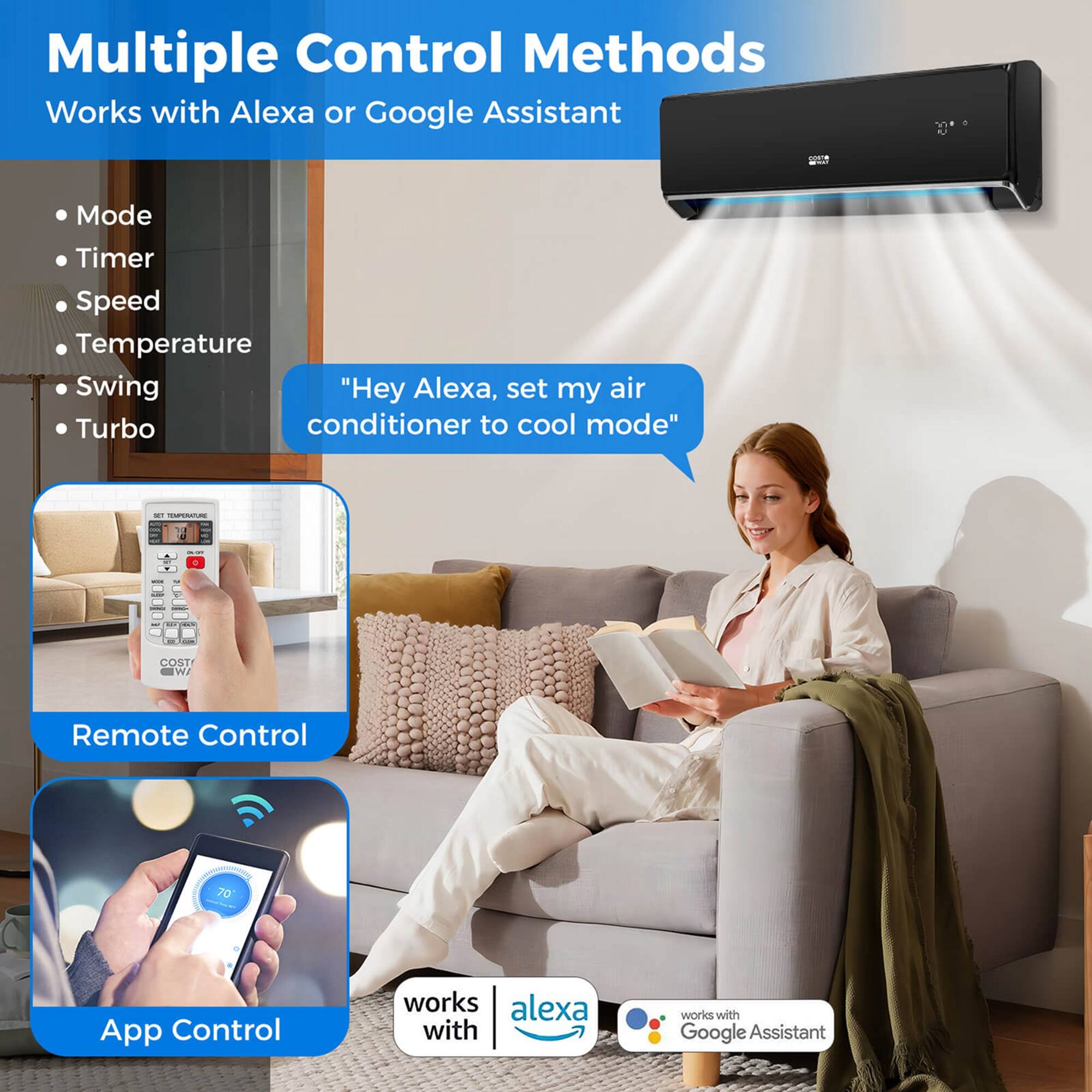 Multiple Control Methods: Works with Alexa or Google Assistant
I. Mode: Timer, Speed, Temperature
II. Swing: "Hey Alexa, set my air conditioner to cool mode"
III. CCC: - + - F - - - - -
IV. Cost: WI Remote Control
V. App Control: works with Alexa and Google Assistant