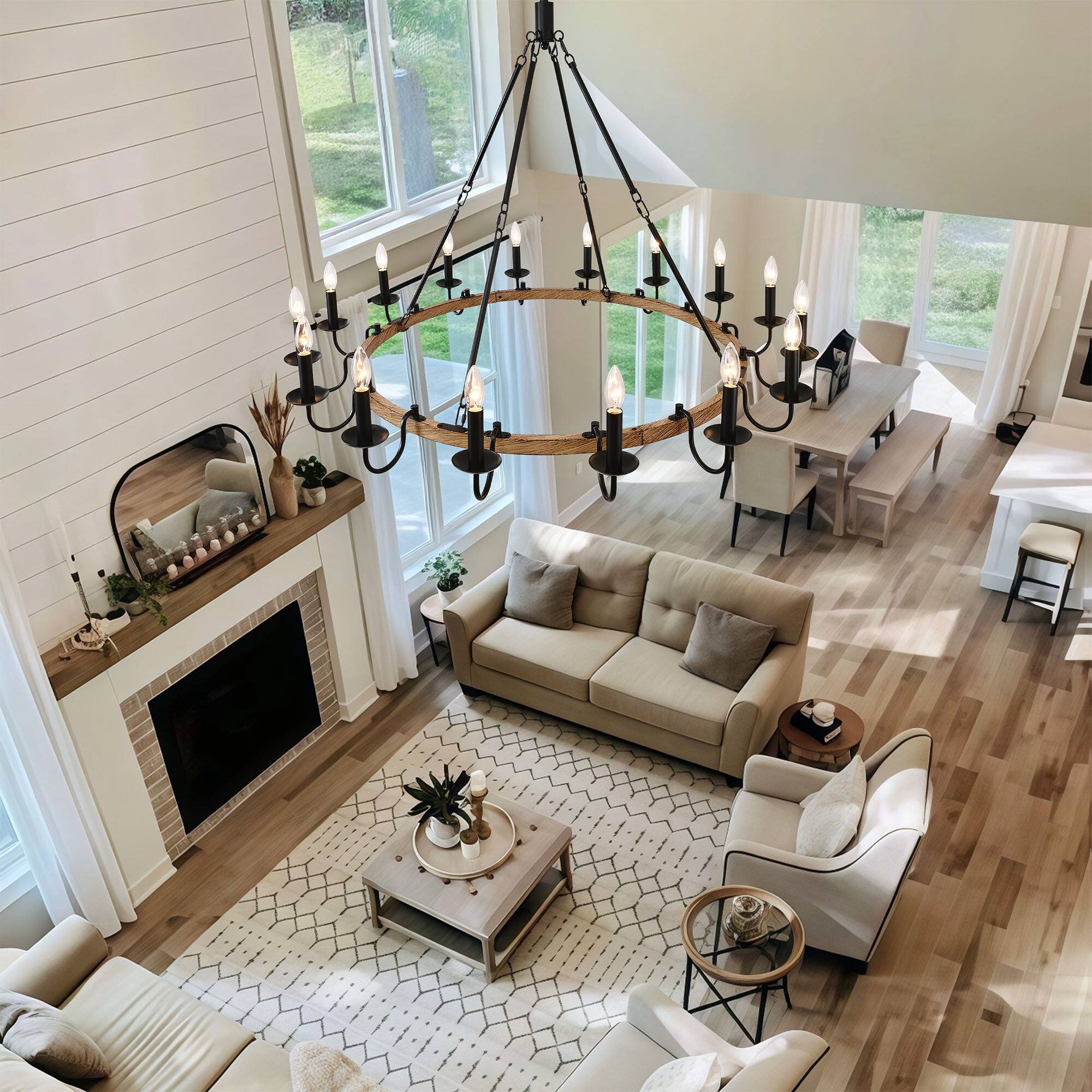 Alt View 1. RYHNUYNE - BAOURE 16-Light Rustic Wagon Wheel Chandelier,Farmhouse Dining Room Light Fixture,Round Wood Chandelier for Living Room - Black.