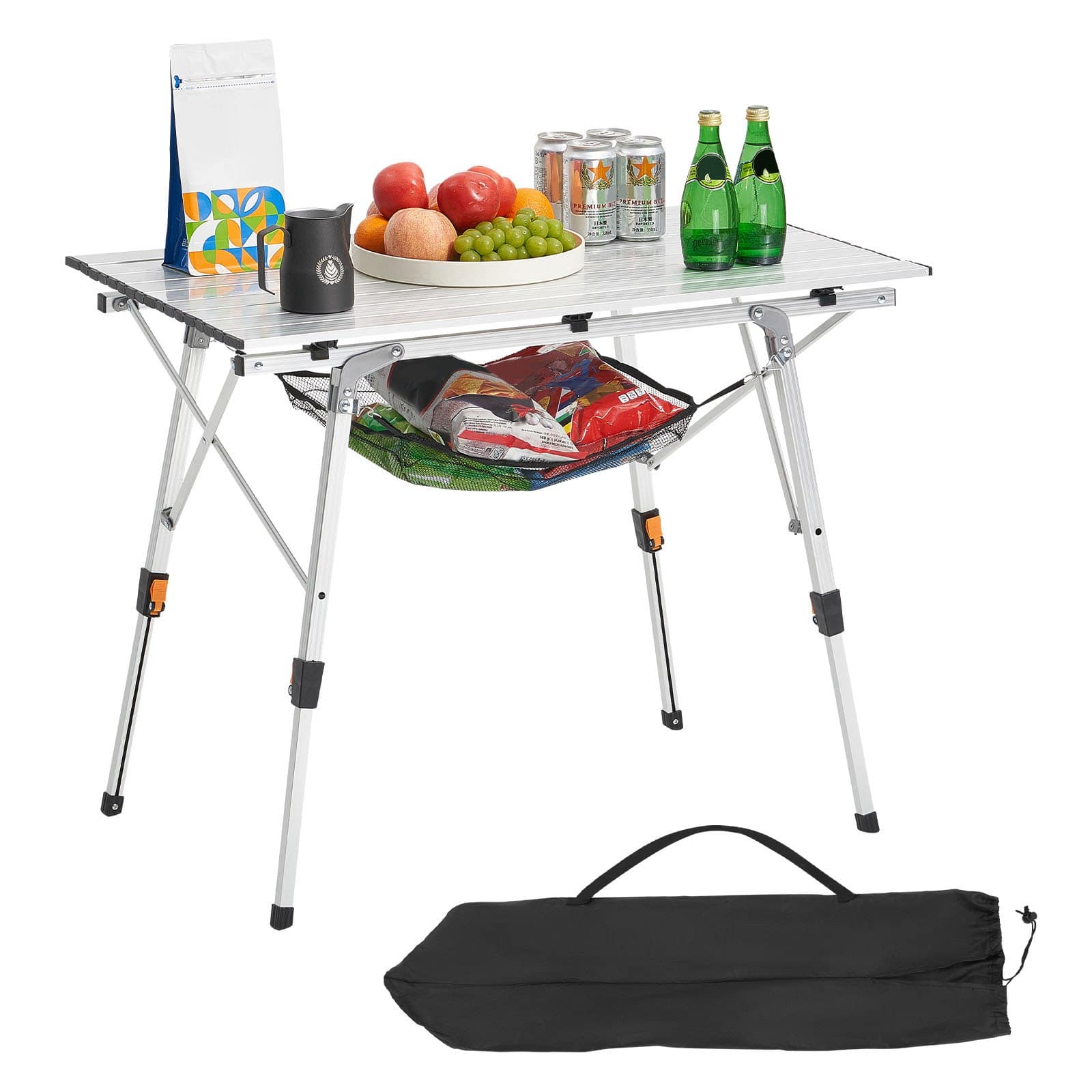Glintex - Camping Table, Roll Up Folding Camping Desk with Adjustable Height, Mesh Top, Carry Bag for Outdoor BBQ - Silver