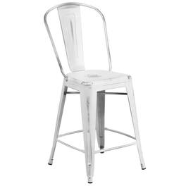 Emma + Oliver - Commercial Grade 24"H Distressed Metal Indoor-Outdoor Counter Stool with Back - White
