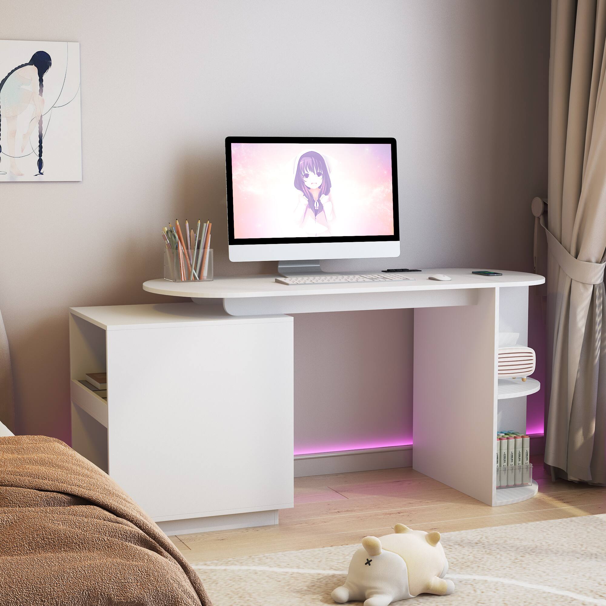 Angle. Tiramisubest - Modern Home Office Table,Expandable Desk with Storage Drawers & Open Shelf,Computer Desk with Hutch & Bookshelf - White.