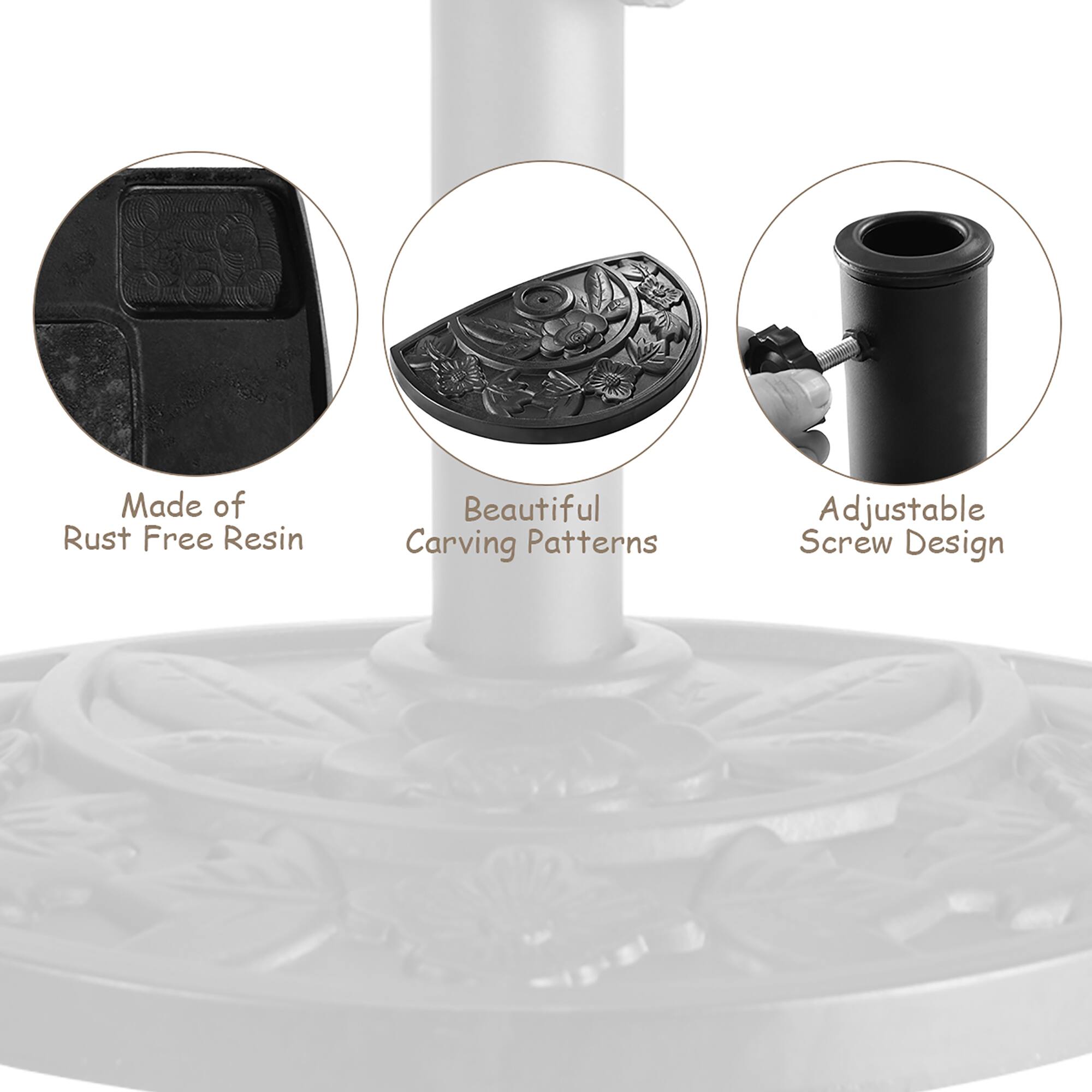 Made of Rust Free Resin  
Beautiful Carving Patterns  
Adjustable Screw Design