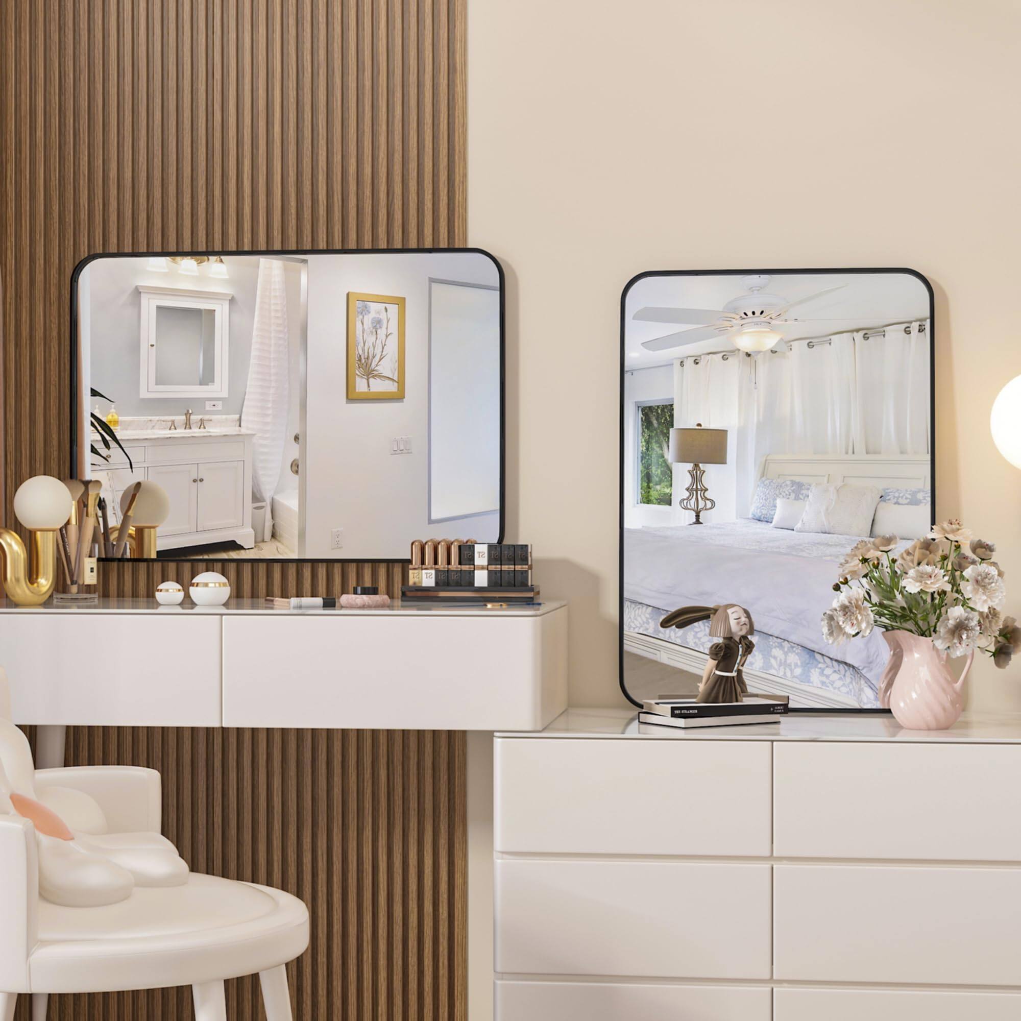 Back. METALTON - pack Wall Mirror Bathroom Rectangular With Aluminum Alloy Frame Rounded Corner Hanging Decor For Entryway B - Black 29"L x 40"W.