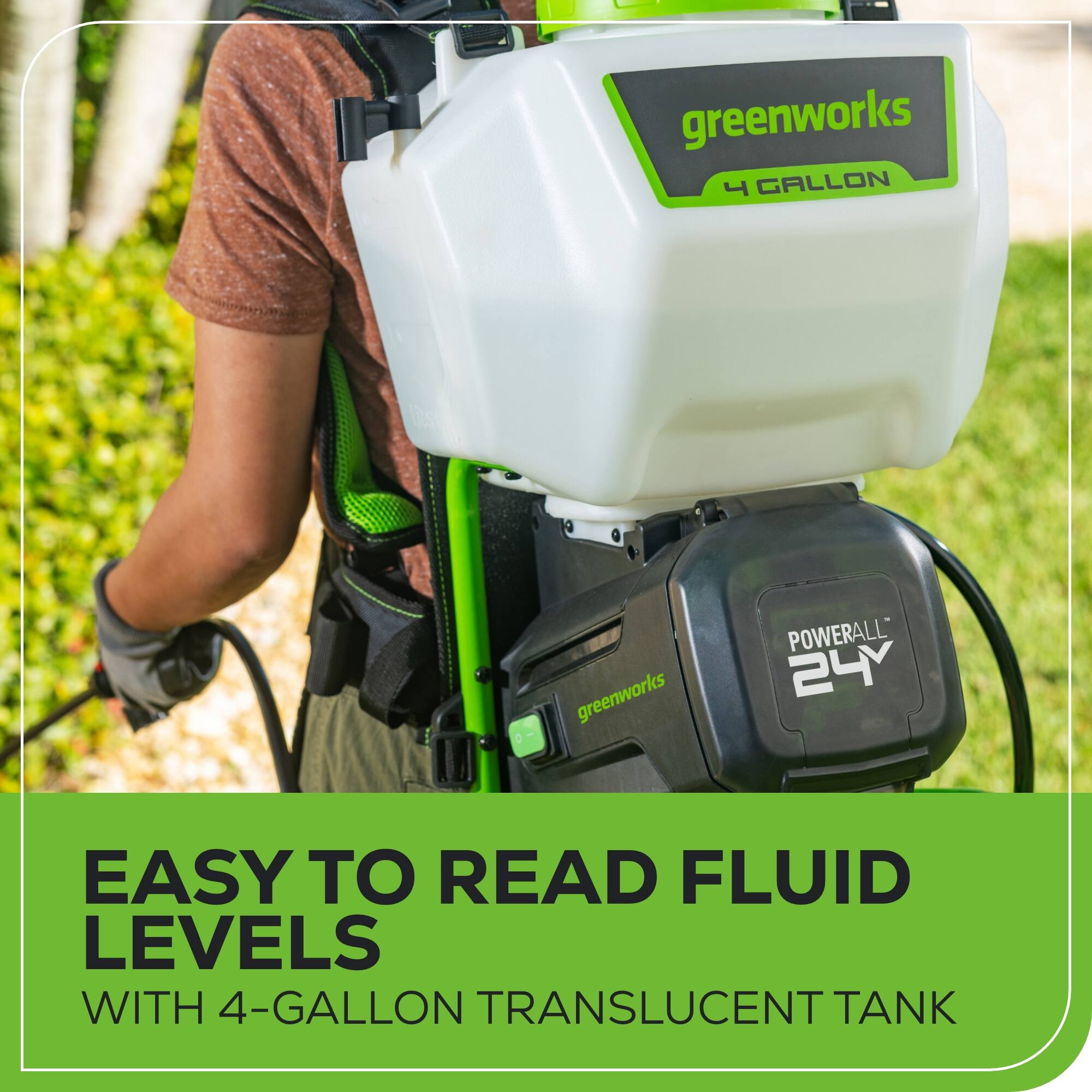greenworks 4 GALLON greenworks POWERALL 24V EASY TO READ FLUID LEVELS WITH 4-GALLON TRANSLUCENT TANK