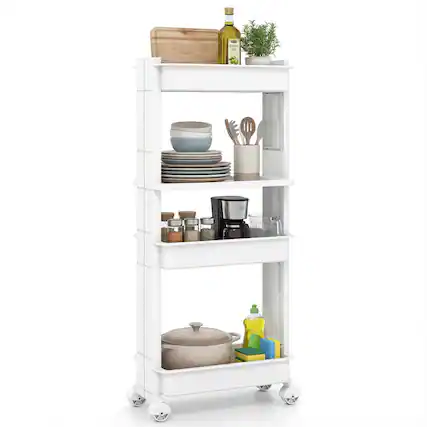 Front. Costway - Costway 4-Tier Rolling Utility Cart with Detachable Trays and Smooth Wheels for Kitchen 15.5" × 9" × 40.5"(L × W × H) - Off White.