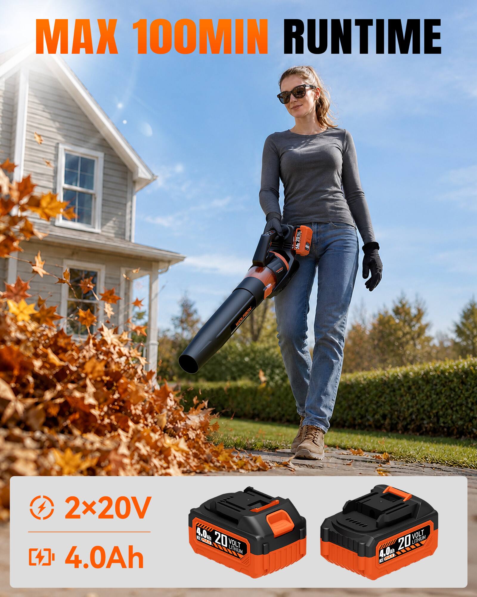 MAX 100MIN RUNTIME  
2x20V  
4.0Ah  
20V LITHIUM