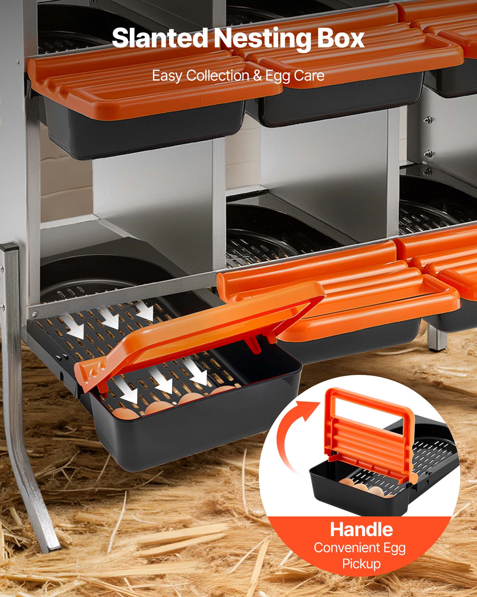 Slanted Nesting Box  
Easy Collection & Egg Care  

Handle  
Convenient Egg Pickup