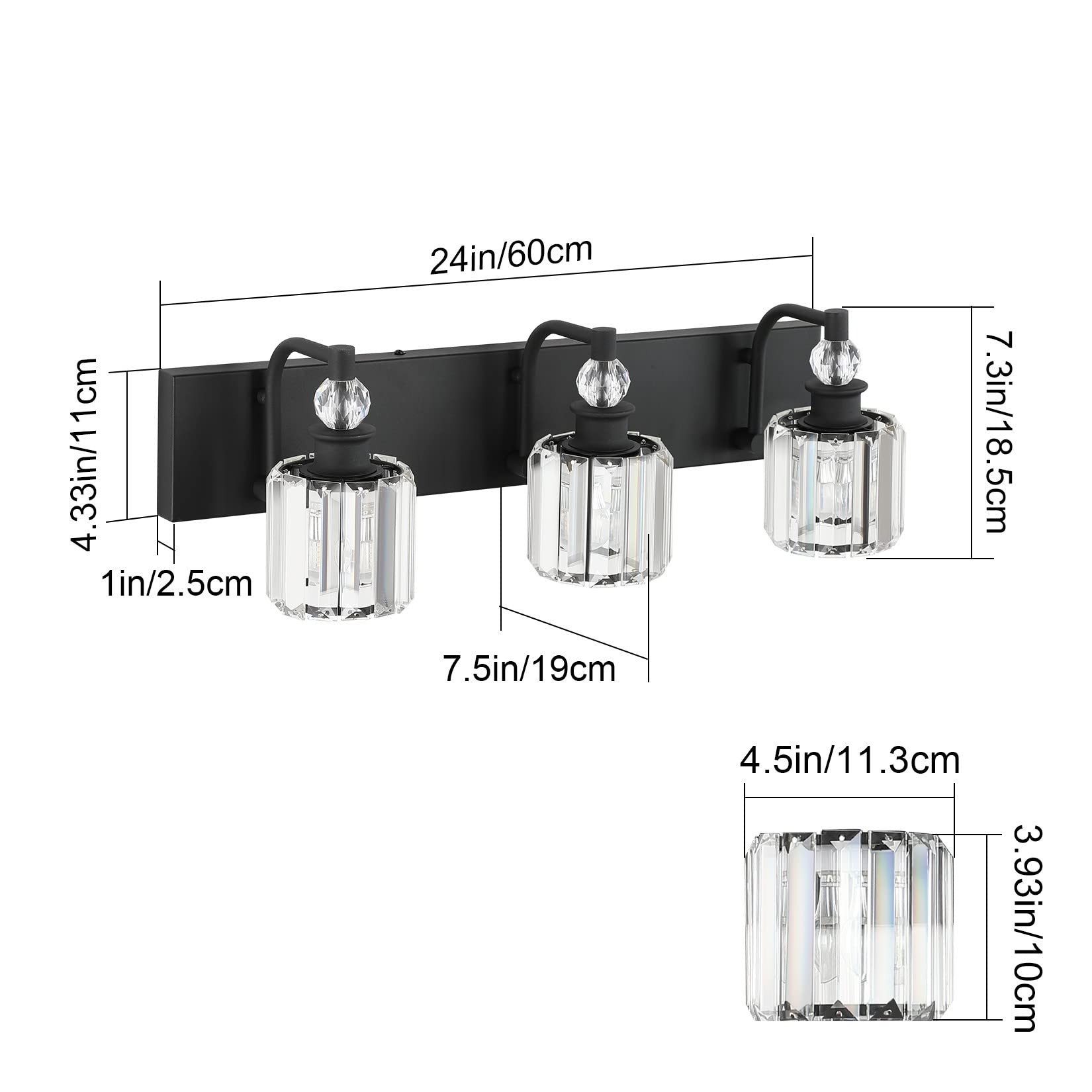 - 24in/60cm
- 4.33in/11cm
- 1in/2.5cm
- 7.3in/18.5cm
- 7.5in/19cm
- 4.5in/11.3cm
- 3.93in/10cm