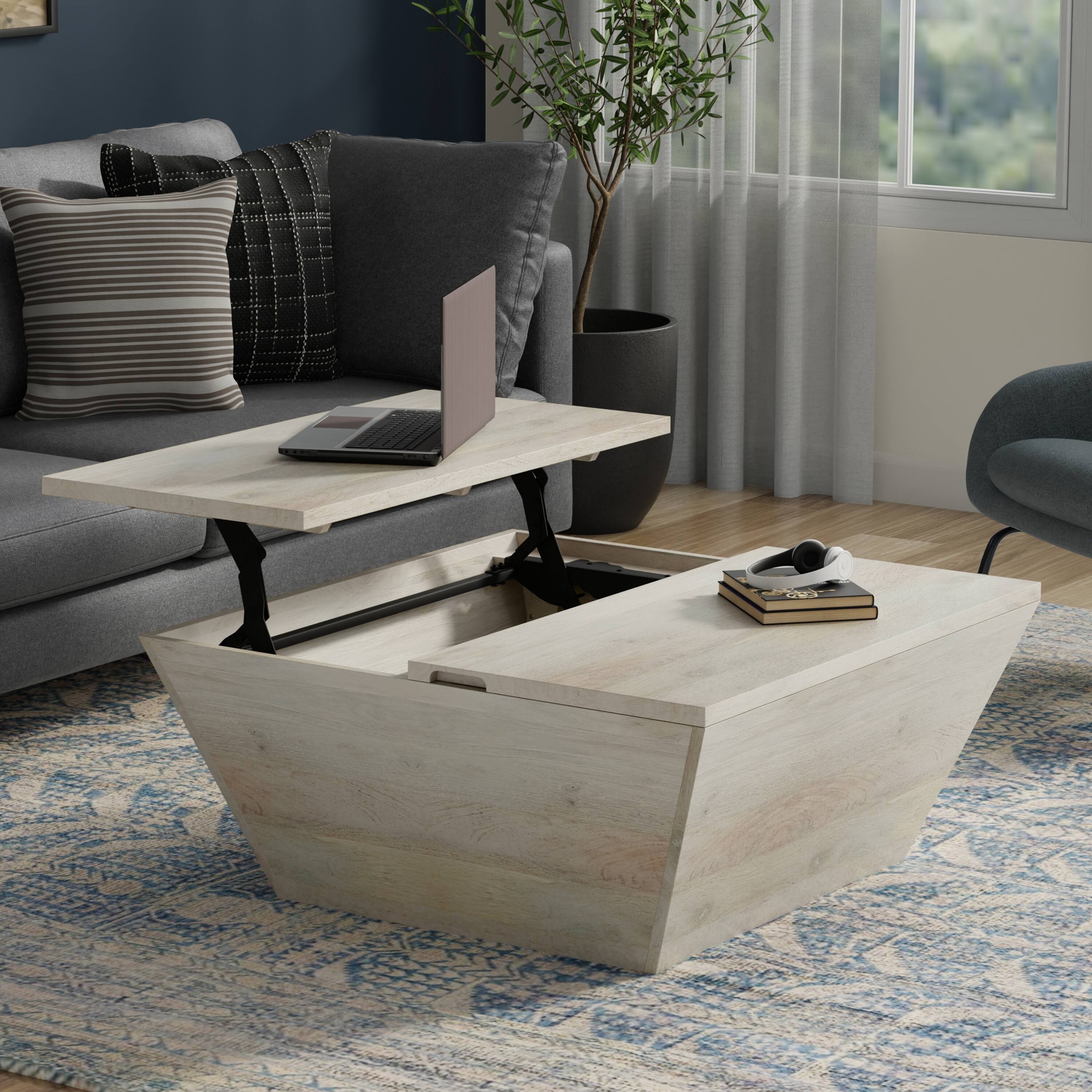 Angle. Simpli Home - Abba 36 inch Wide Solid Mango Modern Lift Top Coffee Table in White Wash - White Wash.