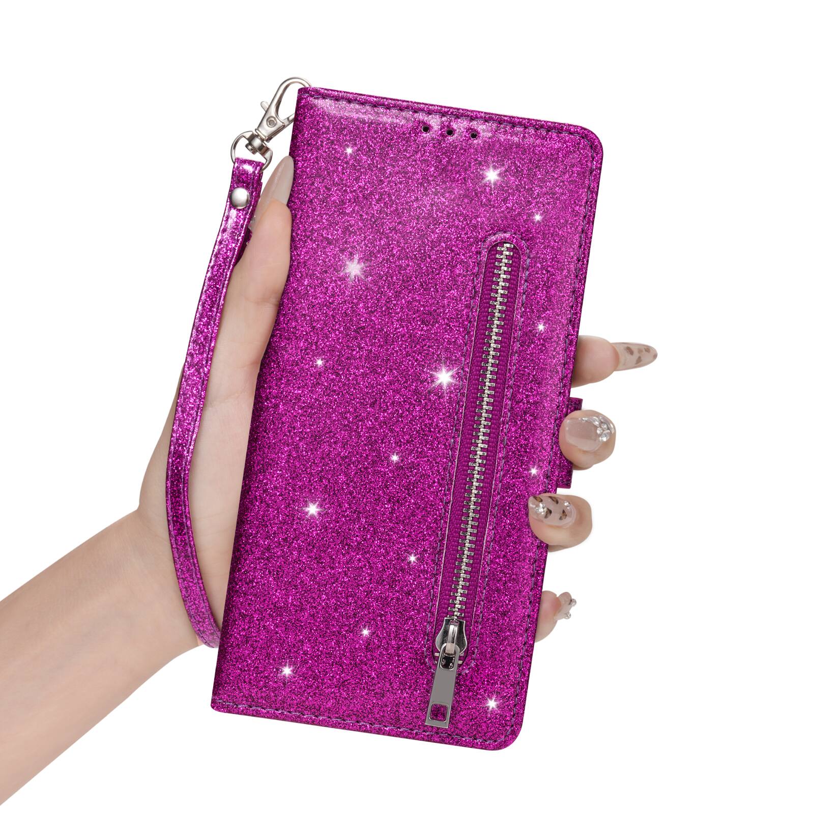 Angle. Dteck - Glitter Zipper Wallet Case for Samsung Galaxy S26 Card Holder Wrist Strap Shockproof PU Leather Cover - Purple.