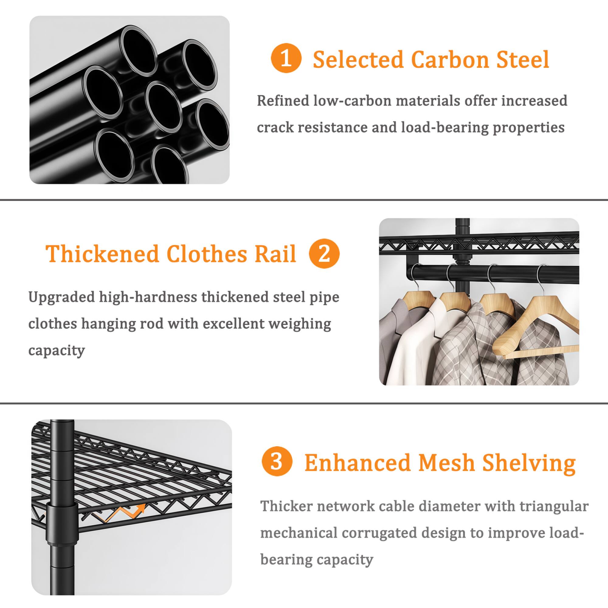 1. Selected Carbon Steel  
   Refined low-carbon materials offer increased crack resistance and load-bearing properties

2. Thickened Clothes Rail  
   Upgraded high-hardness thickened steel pipe clothes hanging rod with excellent weighing capacity

3. Enhanced Mesh Shelving  
   Thicker network cable diameter with triangular mechanical corrugated design to improve load-bearing capacity