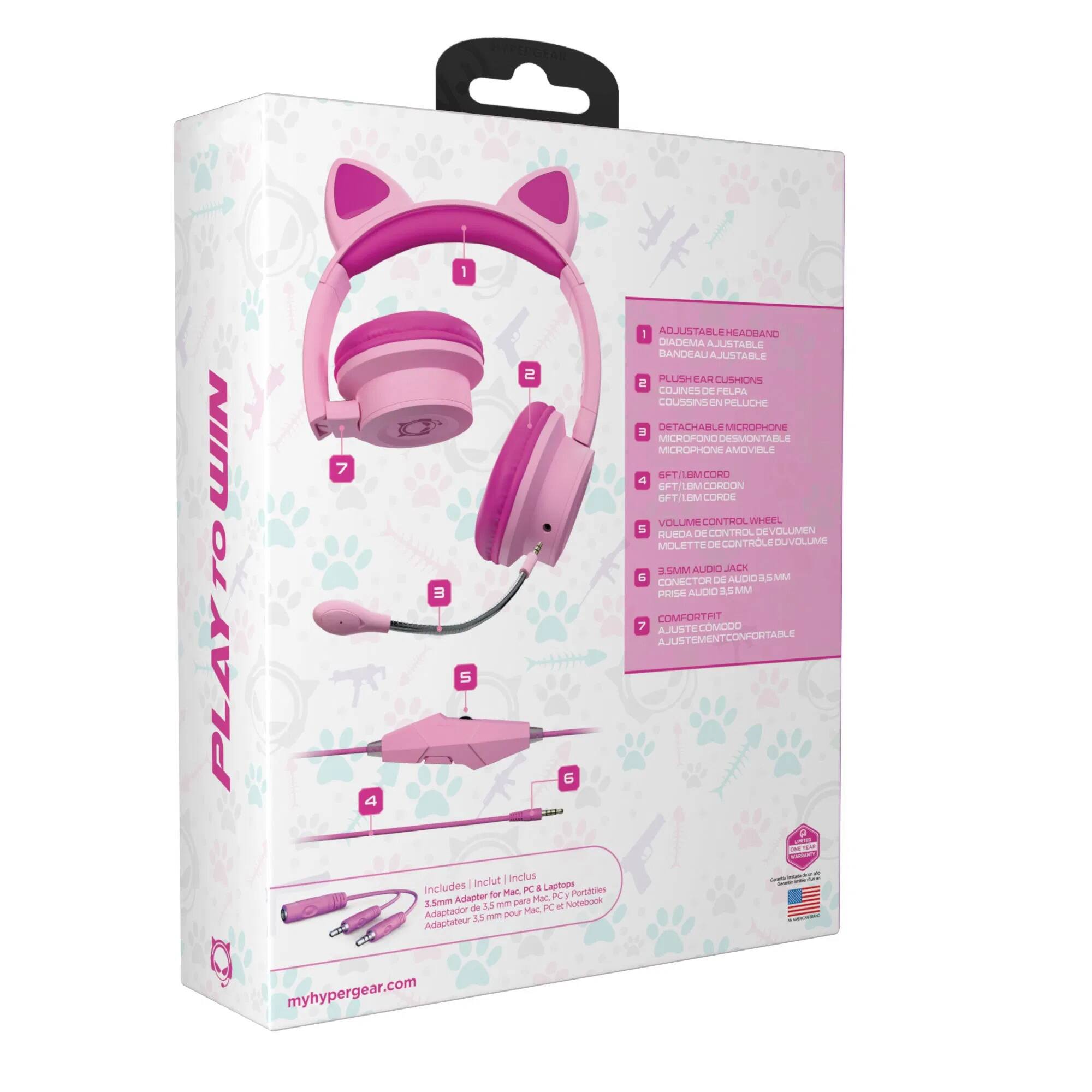 1. Adjustable Headband
2. Push Ear Cushions
3. Detachable Microphone
4. 6ft/1.8m Cord
5. Volume Control Wheel
6. 3.5mm Audio Jack
7. Comfort Fit

Includes:
- 4 Lapties Mac PC Portables Adapter for MIC
- 3.5mm Adapter for Mac, PC, Portables

myhypergear.com