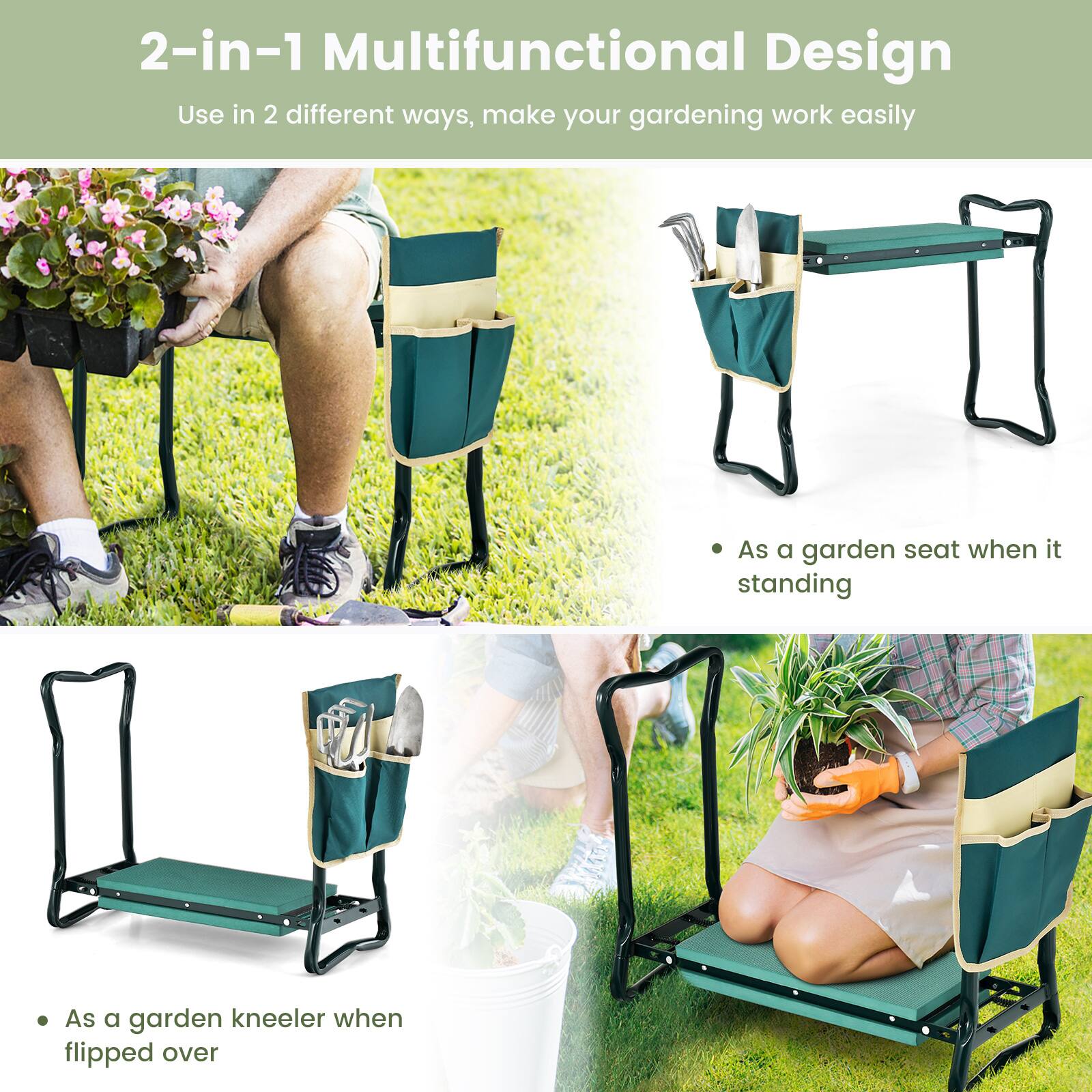 2-in-1 Multifunctional Design  
Use in 2 different ways, make your gardening work easily  

- As a garden seat when it standing  
- As a garden kneeler when flipped over
