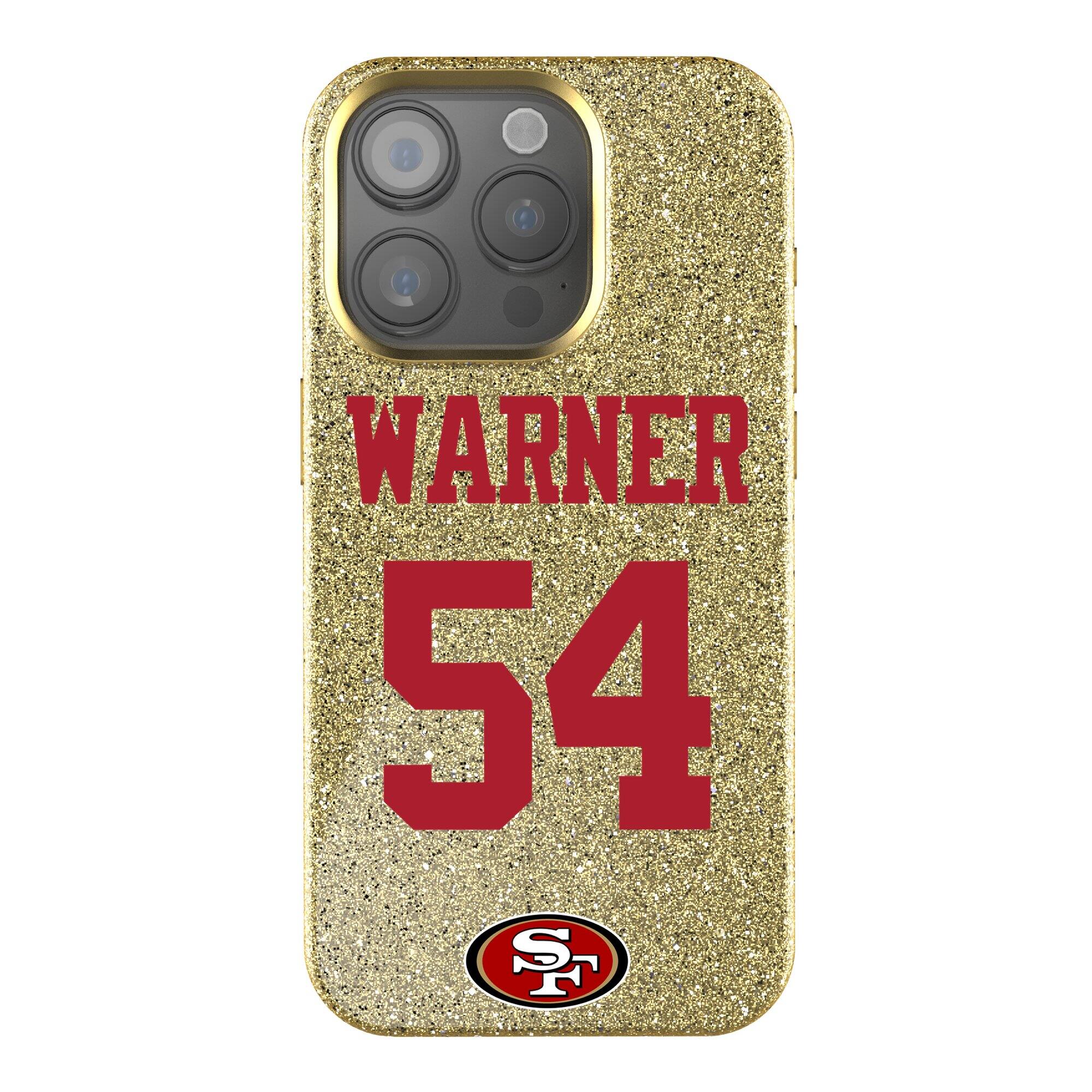 Front. Keyscaper - Fred Warner Gold San Francisco 49ers Bling iPhone Case - 14 Pro Max - Gold.