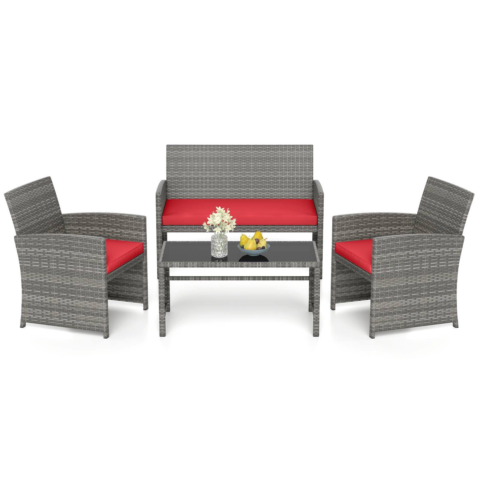 Alt View 9. Gymax - Gymax 4 Piece Patio Furniture Set Outdoor Wicker Conversation Set w/ Tempered Glass Coffee Table - Red.