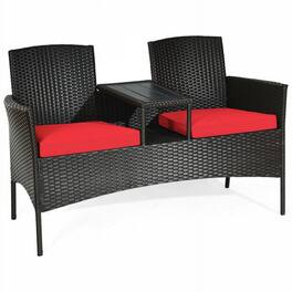 Pefilos - 3 Piece Patio Conversation Bistro Set with Seat, Balcony Furniture Outdoor Rattan Patio Conversation Set with Built-in - Red