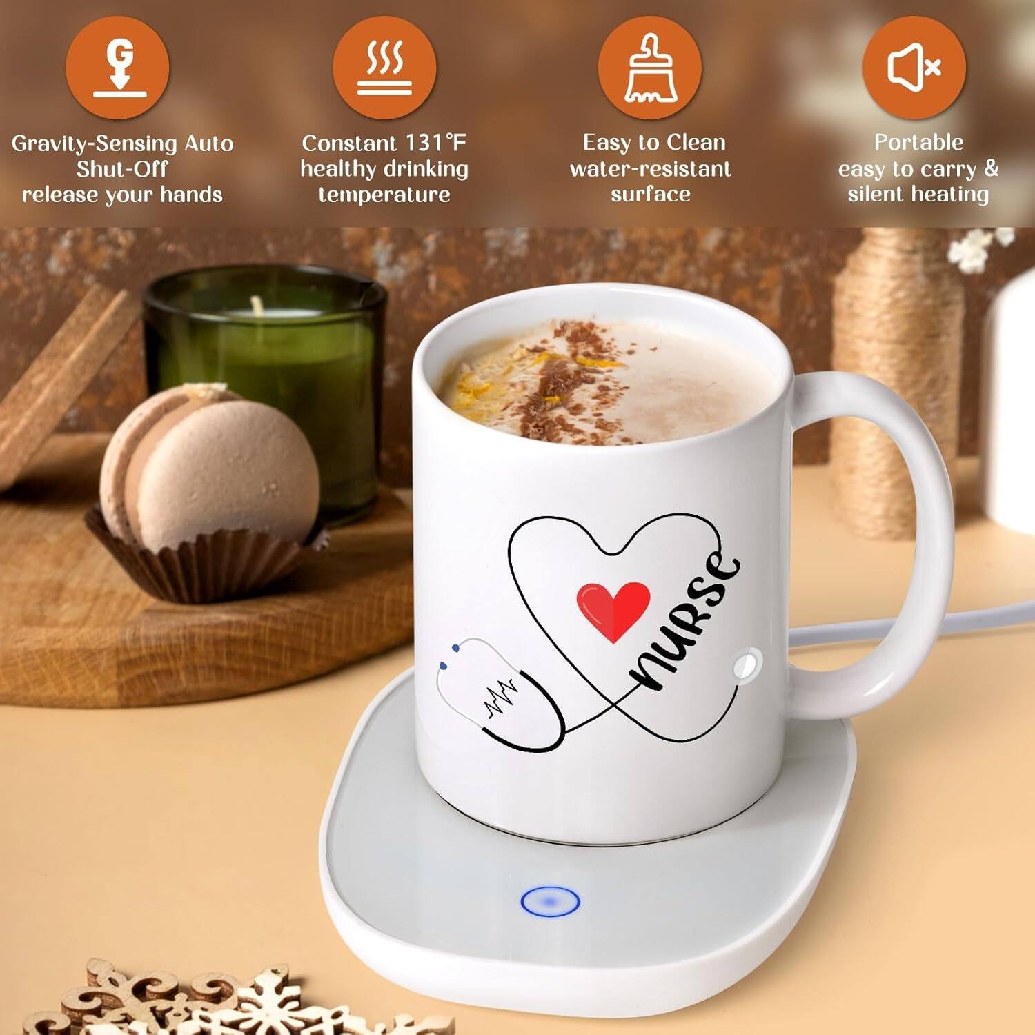 - Gravity-Sensing Auto Shut-Off: release your hands
- Constant 131°F healthy drinking temperature
- Easy to Clean water-resistant surface
- Portable easy to carry & silent heating